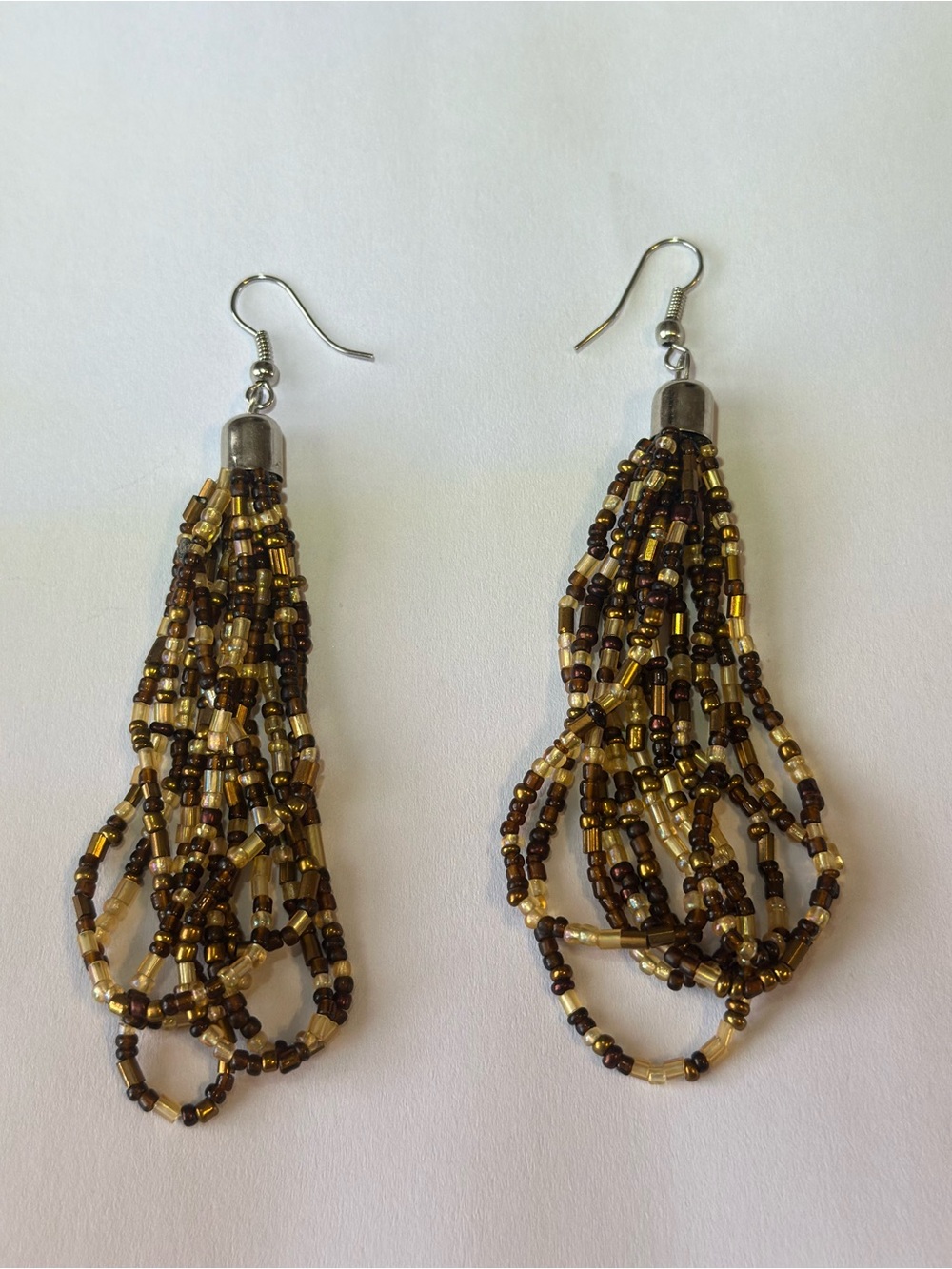 Beaded Tassel Drop Earrings - Brown & Gold